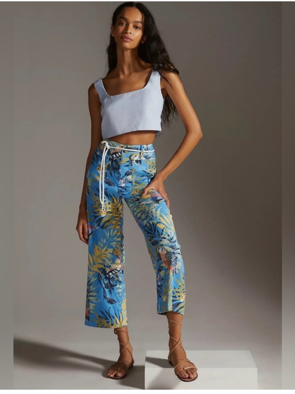 Anthropologie Blue and Yellow Tropical Print Collete Crop Light Weight Pants